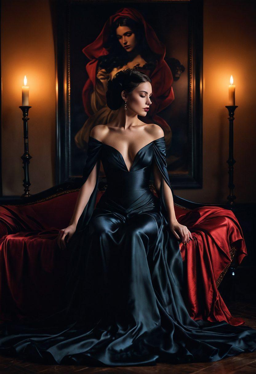 A visually captivating scene depicting a sensual interplay between submission and dominance, featuring an elegantly dressed figure in a commanding pose, contrasted with a gracefully submissive character dressed in soft, flowing materials. The background should include dimly lit candlelight and luxurious fabrics, creating an intimate and mysterious atmosphere. Rich textures and deep colors should evoke a sense of desire and exploration. super-realistic. moody lighting. vibrant colors.