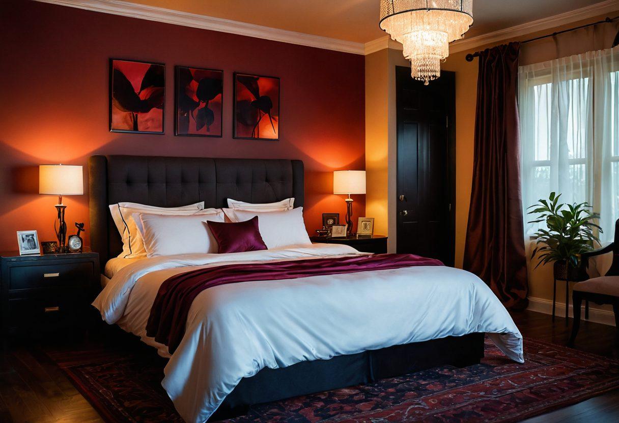 A sensual and inviting bedroom scene showcasing an array of diverse kink and fetish items, beautifully arranged; soft, warm lighting casting gentle shadows, and a plush bed adorned with silk sheets. Include a diversity of people of different ethnicities engaged in playful intimacy, exploring trust and connection. The background should subtly incorporate elements like candles and soft fabrics for an ambiance of warmth and safety. super-realistic. vibrant colors. soft lighting.